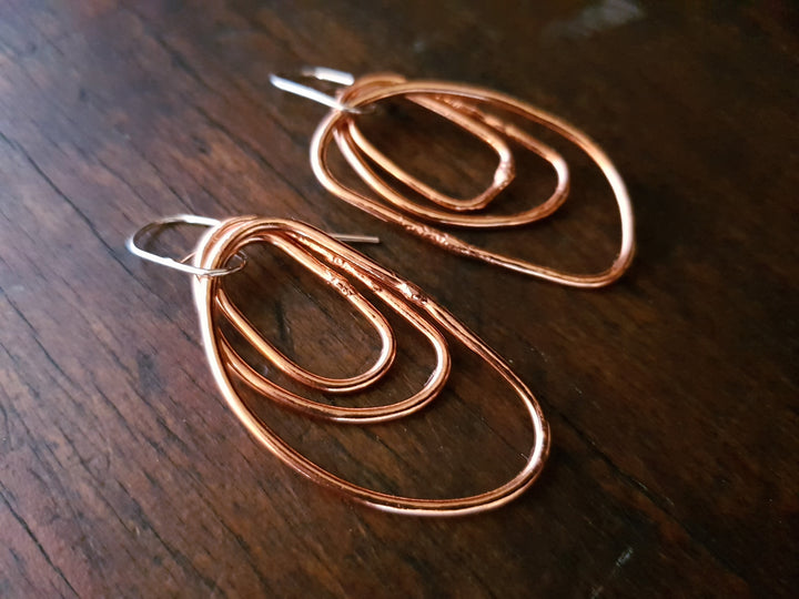 3 Organic Copper Ring Wire Drop Earrings