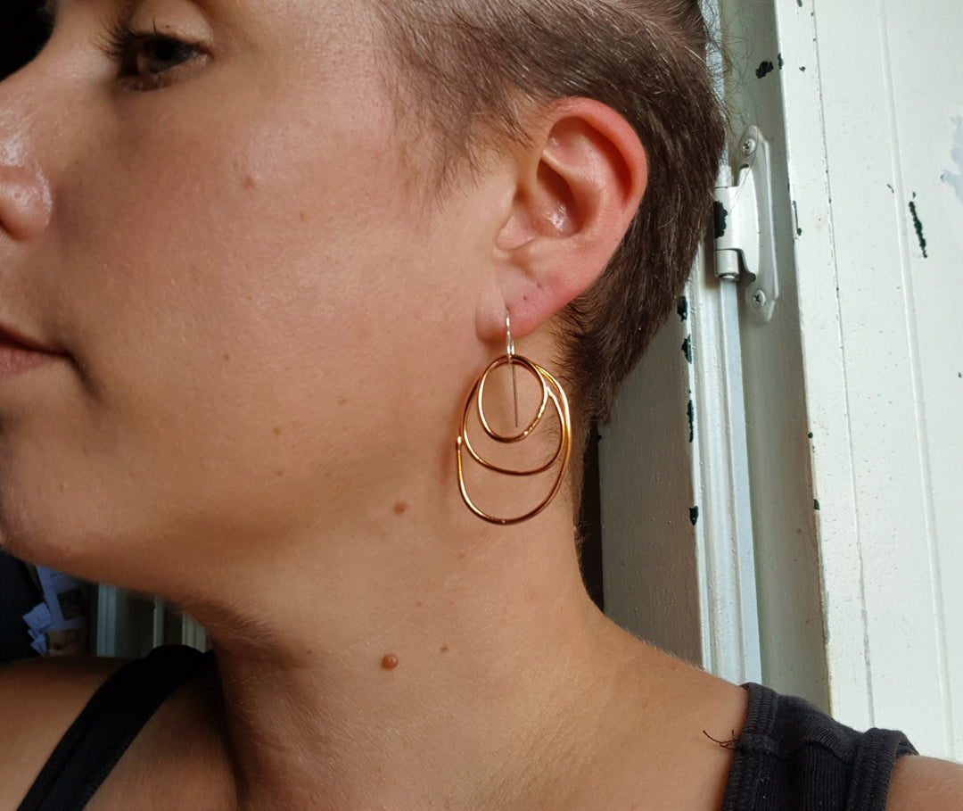3 Organic Copper Ring Wire Drop Earrings