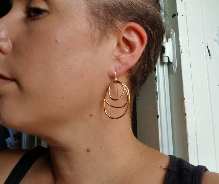 3 Organic Copper Ring Wire Drop Earrings
