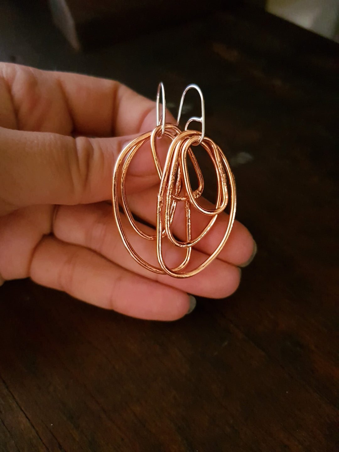 3 Organic Copper Ring Wire Drop Earrings