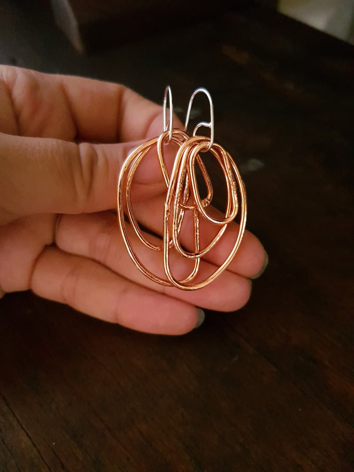 3 Organic Copper Ring Wire Drop Earrings